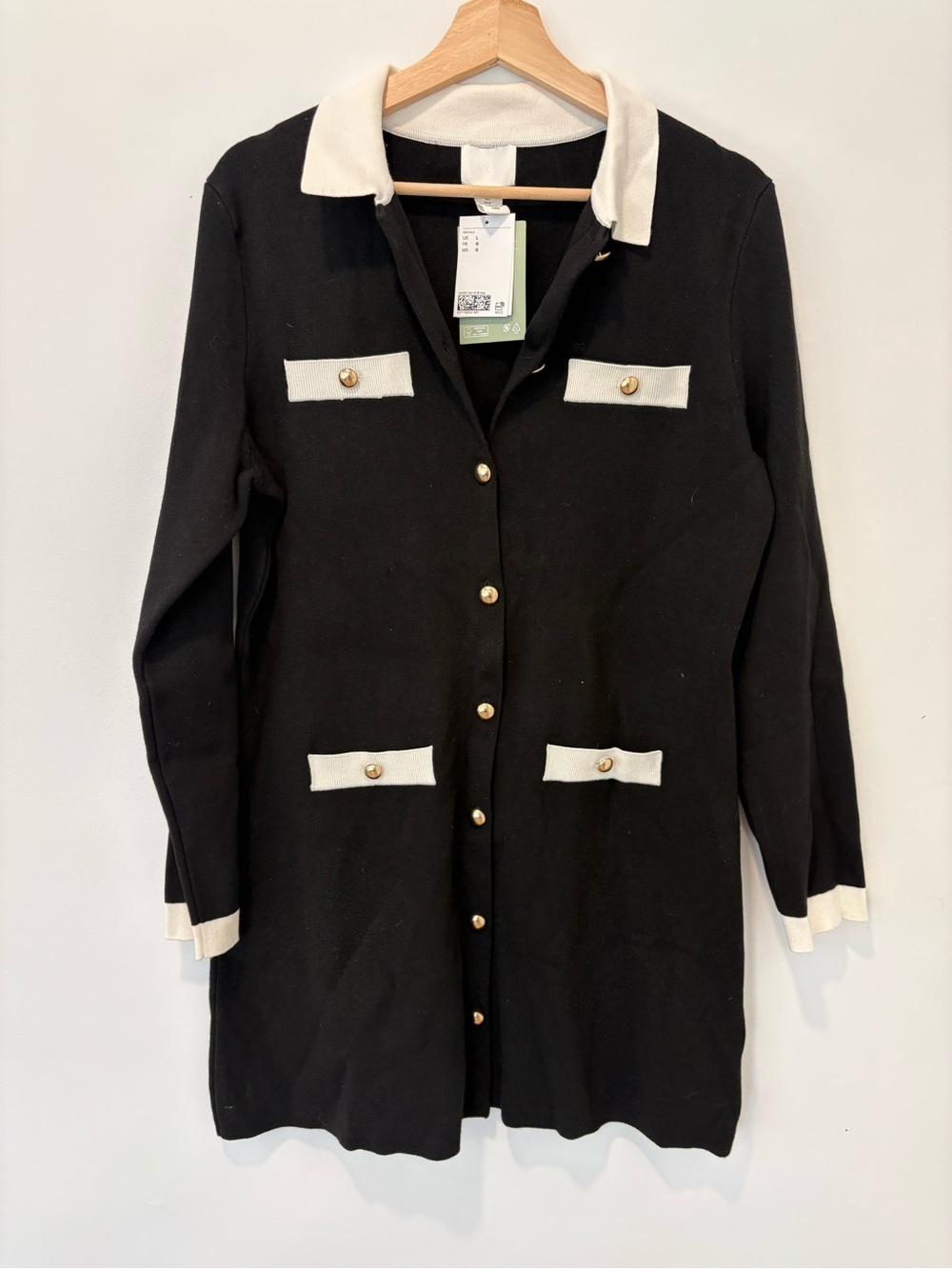 H&M Black Knit Long-Sleeve Dress with Cream Trim